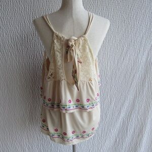 Lace Embroidered Layered Ruffle Tier Crop Top beige Pink Blue POL Womens M L